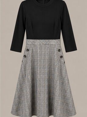 Studio One Black Bodice Gray Plaid Fit-and-Flare Dress